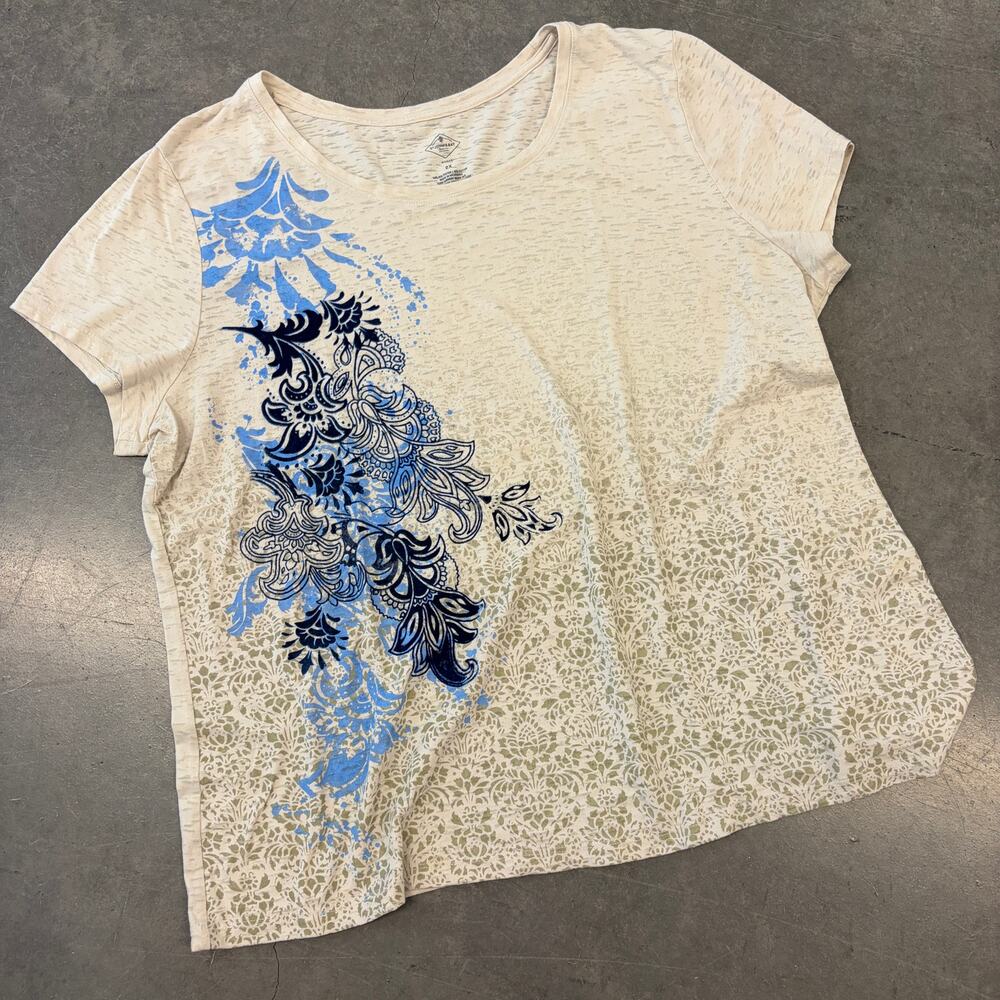 Vintage Y2k Blue Beige Floral Abstract Scoop Neck Women's Tee XXL